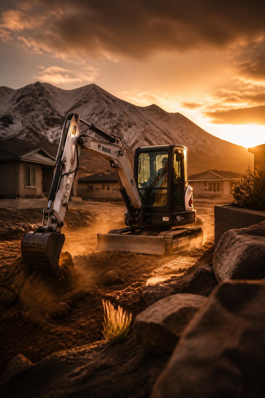 Compact excavator shaping a Northern Utah landscape at sunrise